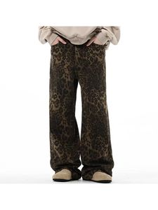 Leopard print streetwear heren brede poot broek vintage jeans rechte casual chic broek Harajuku y2k pantalon femme 240428
