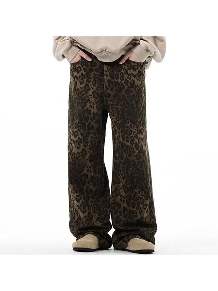 Leopard Print Streetwear Mens Pantalon à jambe large jeans vintage pantalon chic décontracté Harajuku Y2k Pantalon Femme 240428