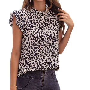 Estampado de leopardo verano Sexy mujer camiseta sin mangas volantes Casual camiseta mujer ropa Y0433A 210719