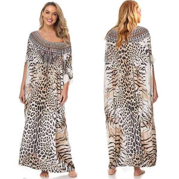 Maillot de bain imprimé léopard Cover Up Plus Taille Bohemian Maxi Robe Pareos de Playa Mujer Kaftan Sarong Tunique pour maillots de bain de plage 210722