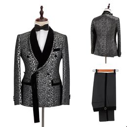 Luipaardprint Tuxedo Voor Bruidegom Zilver-Zwart Mannen Pakken 2 Stuks Blazer Broek Business Wedding Prom Party Custom Made