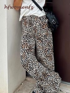 Pantalon à jambe large imprimé léopard Femmes à cordon décontracté cravate haute taille vintage pantalon féminin 2024 mode Lady y2k streetwear 240420