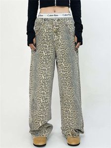 Leopard Print Women American Retro Wide Been Pants Baggy High Tailed vriendje jeans losse Y2K oversized hiphop broek
