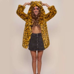 Manteau en peluche de dessin animé à capuche chaud pour femmes imprimé léopard, manteau de fourrure 7266