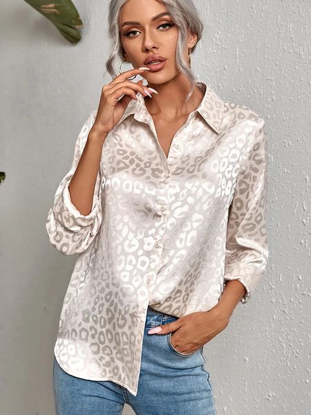 Camisa de seda satinada con estampado de leopardo para mujer, blusa con botones de manga larga, Tops, traje Formal para mujer, camisa de diseñador de moda 240127