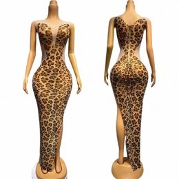 Leopard Rhinestes Evening Dres Sexy Mesh Stretch Party Dr Mujeres Cumpleaños Celebrar Outfit Stage Festival Disfraz BWQ F2Hp #