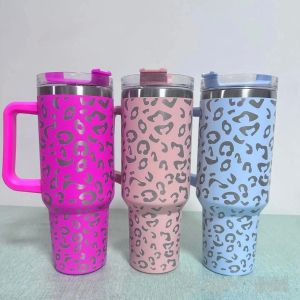 Tazas de acero de leopardo de acero inoxidable con tapa con mango de 40Oz, paja de gran capacidad, vasos aislados para viaje en coche, vasos para mantener las bebidas frías 0516