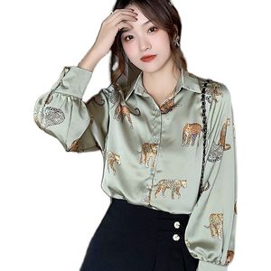 Leopard Stijlvolle Shirt Dames Turn Down Collar Office Mode Vrouwelijke Blouse Lange Mouw Plus Size Lady Tops Blusa Feminina 300G 210420