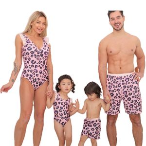 Leopard Swimwear Family Matching Clothes Outfits Mother Daughter Swimsuits Mommy and Me Bikini Dress Dad Son Swim Shorts 210417