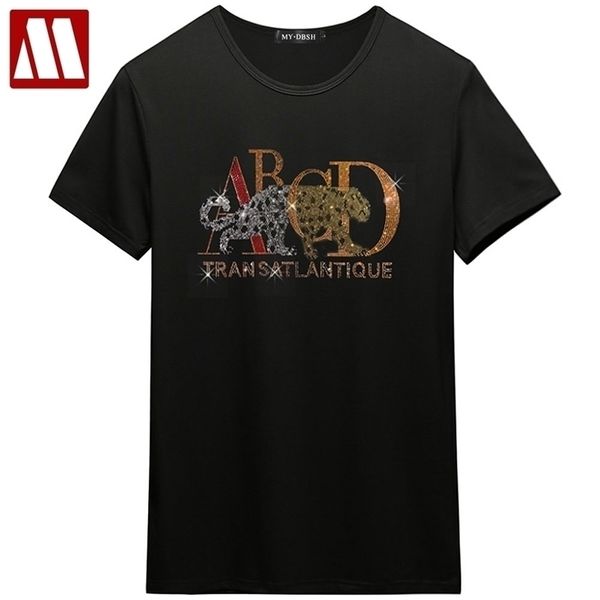 Léopard Tee Shirt Homme T-shirt Plus Taille T-shirt à manches courtes Hommes Streetwear Imprimer Summer Strass Slim Fit Animal Solid 210409