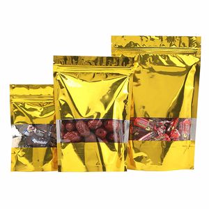 100pcs Stand up Glossy Gold Window Zip Lock Bag Refermable Golden Heat Sealing Sugar Kitechen Supplies Ground Coffee Corn Snack Display Storage Pouches