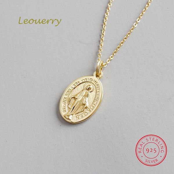 Leouerry 925 Sterling Argent Vierge Marie Portrait Coin Collier 18K Plaqué Or Pendentif Chaîne Claviculaire Collier Femmes Bijoux Q0531