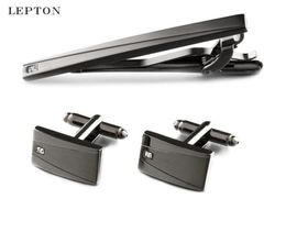 Lepton Classic Business Square Black Borstel Heren Cufflinks Tie Clips Set hoogwaardige stropdas Pin Tie Bars Clip Clasp Drop Ship 2012500454