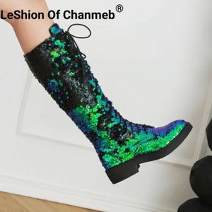 LeShion Of Chanmeb Dames Zilveren Pailletten Kniehoge Laarzen Gouden Glitter Rits Laarzen Bling Veterschoenen Lage Hakken Schoenen Winter 43 231225