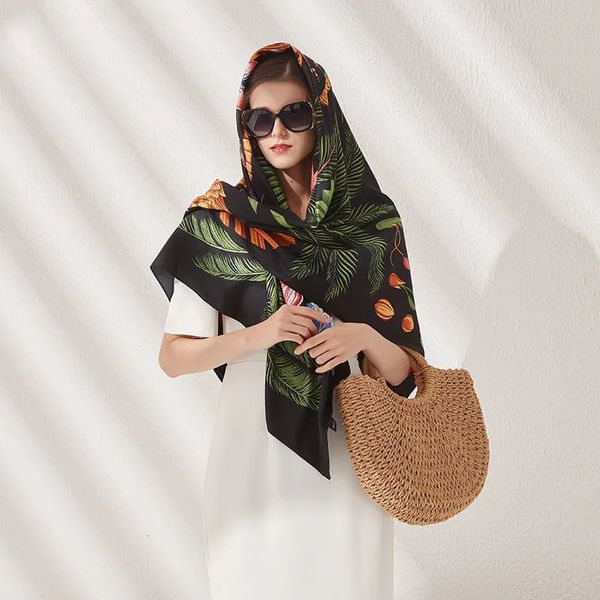 LESIDA marque de luxe Design palmier hiver carré écharpe 130 cm sergé soie écharpe femmes foulard foulards pour dames châle 240229