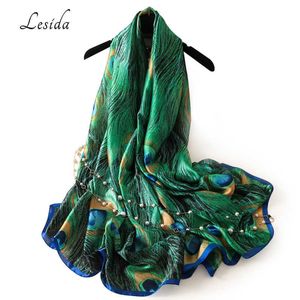 Marca de lujo LESIDA, chal de seda verde para mujer, bufandas con estampado de plumas de pavo real, talla grande, Echarpes Femme Cachecol Foulards 180*90CM 3004 Q0828