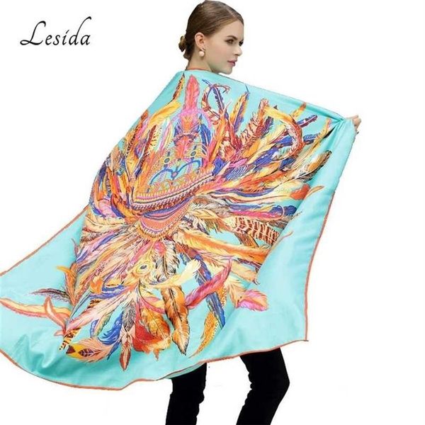 LESIDA Foulard en soie femmes grands châles plume impression étoles carré Bandana marque de luxe foulard foulards femme Foulard 1306 211222284Z