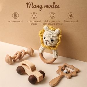 Let's Make 4 unids/set juegos de sonajero de madera Animal de dibujos animados de ganchillo bloque de coche de madera chupete conjunto de mordedor Montessori juguete para niños pequeños 220216