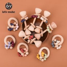 Laten we Baby Toys Educational Silicone Beads Dumbbell Armband Handheld Beuken PVC Gratis 2 stks / set Houten rammelaars voor pasgeborenen LJ201113