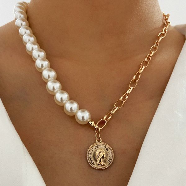 LETAPI, collares con colgantes de monedas y cabeza de perlas simuladas a la moda para mujer, cadena de serpiente de Metal dorado, diseño de collar, regalo de joyería