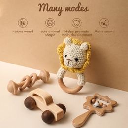 Faisons 4pcsset ensembles de hochet en bois dessin animé Animal Crochet bois voiture bloc sucette ensemble de dentition Montessori enfant en bas âge jouet 240226