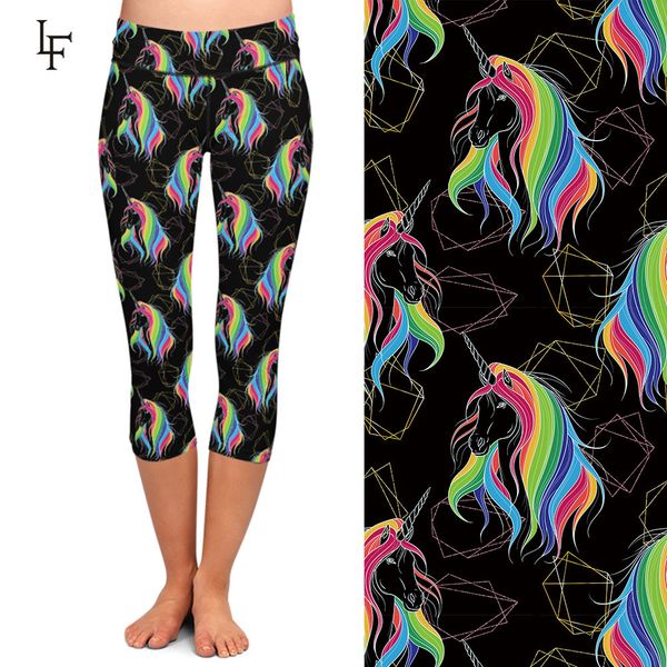 LETSFIND Mode Femmes Noir Capri Leggings 3D Licorne Imprimer Taille Haute Plus La Taille Confortable Fitness Leggings Mi-mollet Pantalon 201203