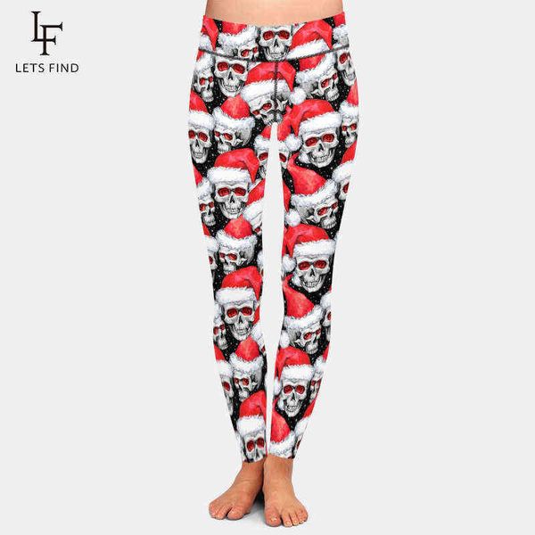 Letsfind invierno mujeres más tamaño leggings moda 3d cráneos incompletos en santa sombrero impresión cintura alta suave fitness leggings cálidos 211117