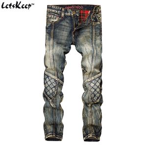 LetsKeep Nouveau patchwork Denim jeans pour hommes biker skinny déchiré jeans punk hommes plaid Designer jeans pantalons vêtements, MA356