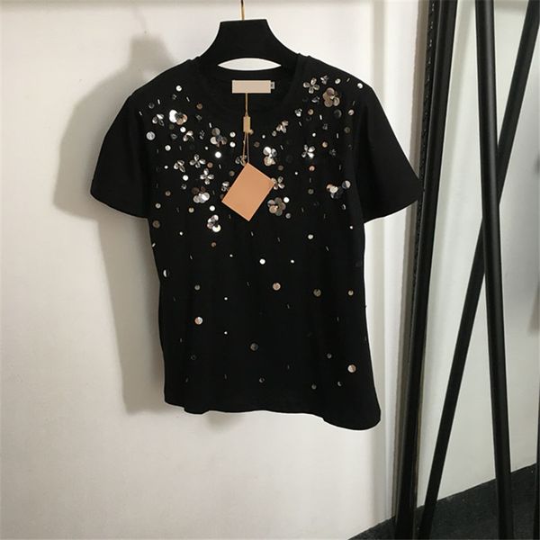 Diamante Paillettes Femmes T-shirt Hauts Fleur Embelli Chemise À Manches Courtes De Luxe Designer T-Shirts Occasionnels