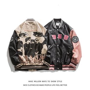 Brief Borduur Streetwear Motorfiets PU Lederen Jacket Men's Baseball Bomber Coat Unisex Women's Oversize Varsity Vintage Chic 240113