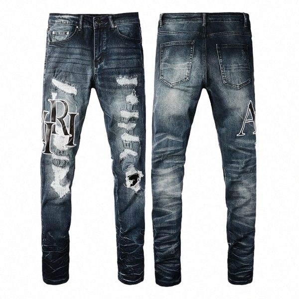 Lettre Brodée Ripped Hole Patch Jeans Hommes Slim Petits Pieds Denim Pantalon Streetwear Hip Hop Jeans Pantalon 05jC #