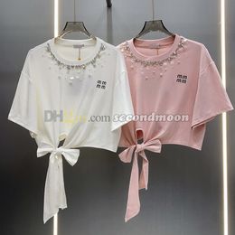 Lettre brodée T-shirt Femmes Ringestone Neck Top Decoration Perle T-shirts Coton Fabric