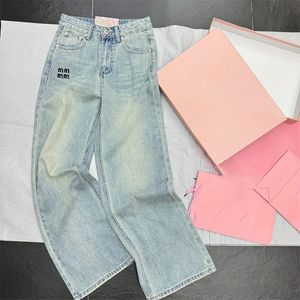 Brief geborduurde dames broek blauw rechte casual denim broek ontwerper elegante straatstijl jeans