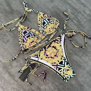 Vintage Patroon Badmode Vrouwen Sexy Strandbaden Skim Tweedelige Bikini Fashion Lace Up Badpak