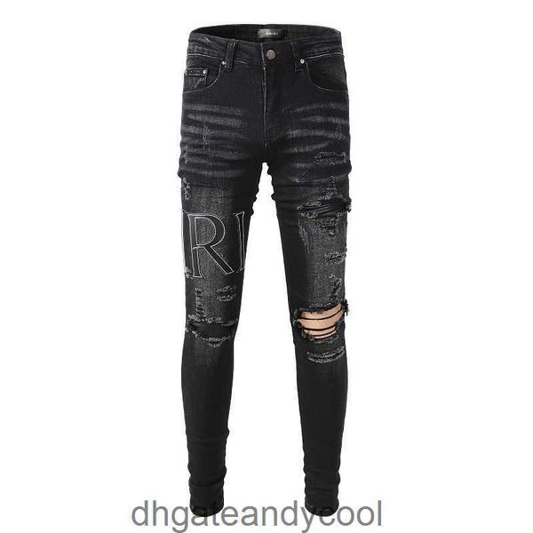 Brief High-Street Denim Hosen Mann Amirres Stil schwarz Jeans Patch Designer Loch Stretch Slim Jeans Herrenmode Hosen U6RZ