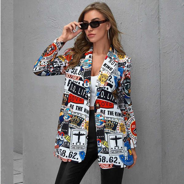 Lettre irrégulière impression Blazer femmes veste Vintage grande taille élégante dame manteau printemps automne nouvelle mode Streetwear USA Style X0721