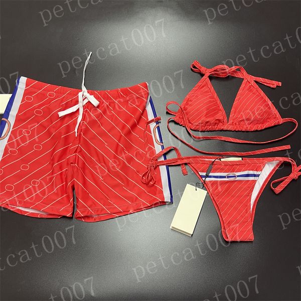 Traje de baño para parejas con logotipo de letras, Bikini rojo para mujer, pantalones cortos para hombre, pantalones de playa, traje de baño de viaje al aire libre para mujer