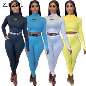 Lettre Imprimer Fitness Deux Pièces Survêtement Femmes Col Haut À Manches Longues Crop Top + Moulante Pantalon Survêtements Plus La Taille Ensembles Assortis X0428