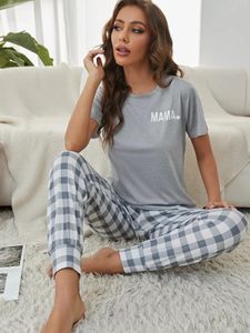 Letter Print Pyjama Set korte mouw Crew Neck Top Elastische tailleband broek Dames slaapkleding loungewear 240410