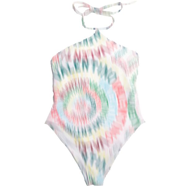 Bikini con estampado de letras de Color para mujer, traje de baño de una pieza con cuello Halter, ropa de playa clásica, traje de baño sin espalda de verano