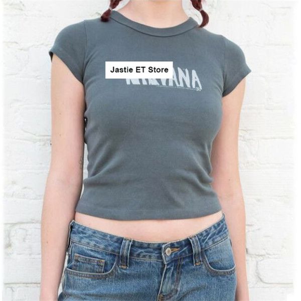 Impresión de letras Sexy Crop Top Mujeres Verano Manga corta Gris Algodón Camiseta O Cuello Y2k Tops Casual Vintage Gráfico T Shirts 210406