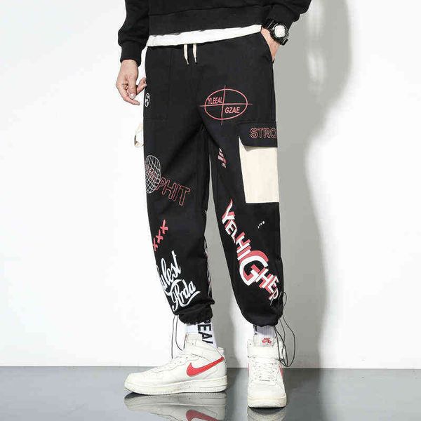 Pantalon de survêtement des lettres pour hommes 2021 Mode Joggers Vêtements Teen Harajuku Pantalon de jambe de poche latérale graffitis Hip Hop Streetwear G0104