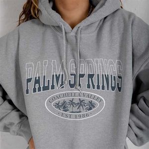 Lettre Imprimer Sweat Vintage Femmes Hoodies Gris Coton Chaud Polaire Hiver Pulls Automne Casual Streetwear Filles 211013