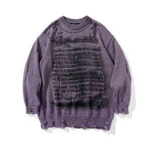 Lettre imprimée pull déchiré hommes Ins High Street Tide marque lâche col rond pull automne et hiver épais pull noir T220730