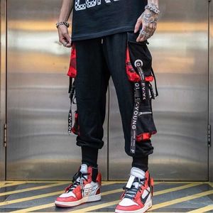 Letter Ribbons Casual Hip Hop Joggers Cargo Pantalones para hombres Block Hit Color Pocket Track Pants Pantalones masculinos Pantalones de chándal Streetwear 211201