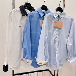 Lettres Broidered Femmes Blouse Shirts Blue Elegant Femme Shirt Casual Daily Tops Long Spring Summer Blouses