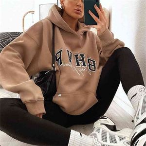 Lettres Imprimer Vintage épais chaud surdimensionné sweat à capuche filles sweat-shirt femmes hiver hauts pulls marque mode adolescents vêtements 210820