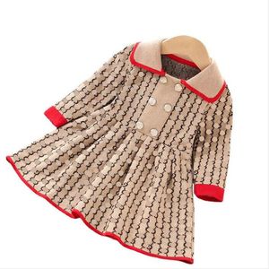 Letters Gedrukt Girls Merk Jurken Autumn Winter Girl Breaked Princess Dress Kids Lange Mouw Jurk Kinderen Turn Down Collar-jurken 2-8 jaar