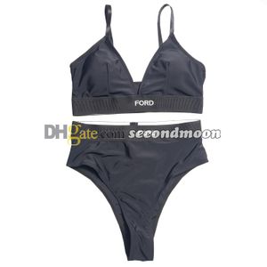 Letters Webbing Bikini Set Dames Hoge Taille Badmode Sexy Split Badpak Sneldrogend Badpak