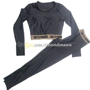 Lettres sangle survêtement femmes à manches longues Sport haut haute élastique Yoga Leggings femme respirant survêtements